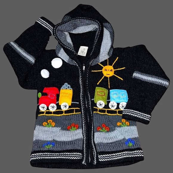 ⬇️⬇️ Toddler Lucy Iburg Handmade Peru Hooded Zipper Trains Sweater Size 2 - Picture 1 of 5